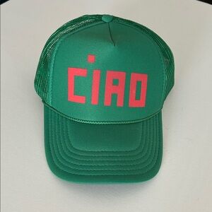 Clare V.  Green Trucker Hat with Pink 'CIAO'